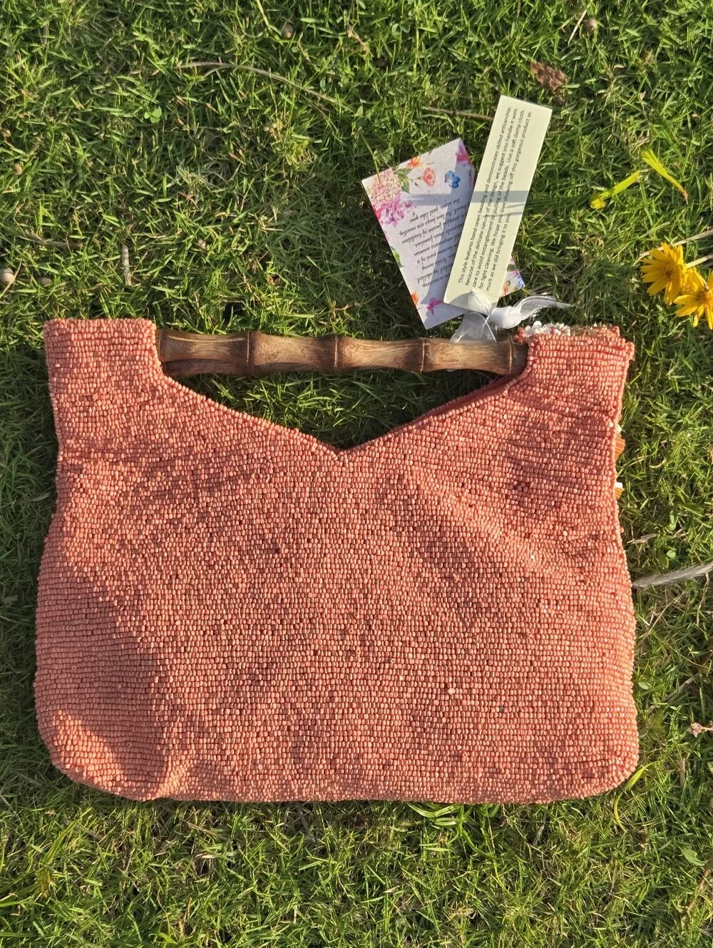 🧡 Viral Handmade Beaded Boho Clutch- Coral Pink & Bronze with Bamboo Handle